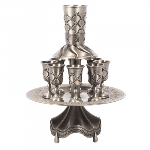 Flower Quilted Design Pewter 8 Cup Kiddush Wine Fountain